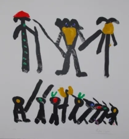 Литография Ionesco - L'homme avec deux femmes et leurs enfants