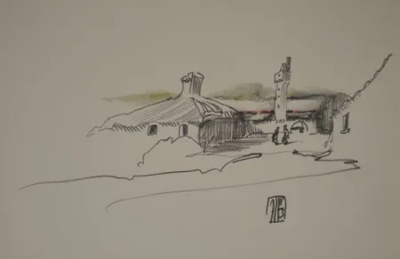 Нет Никаких Технических Janssen - (Nordische Landschaft mit Gebäuden, Turm und zwei Personen)