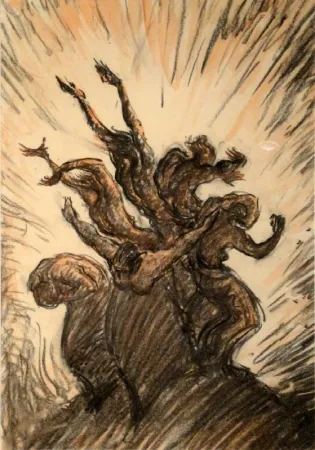 Монотип Junghanns - Vor Lichterscheinung fliehende Menschengruppe