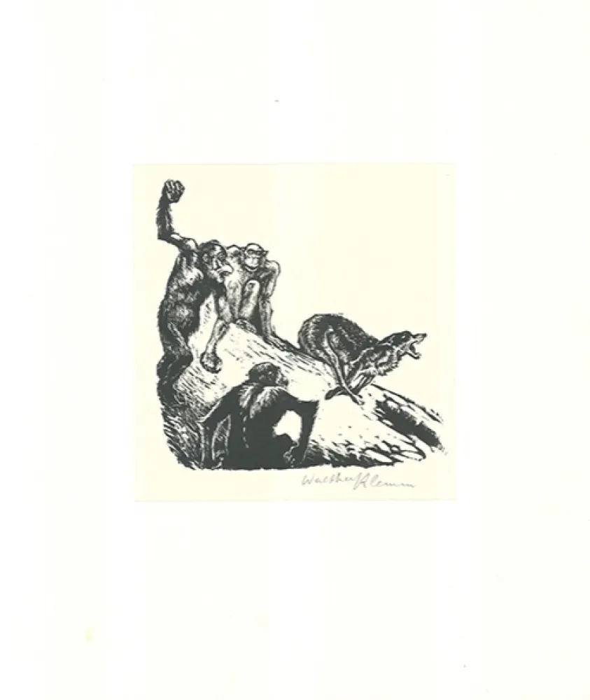 Гравюра На Дереве Klemm - Affen jagen den Wolf