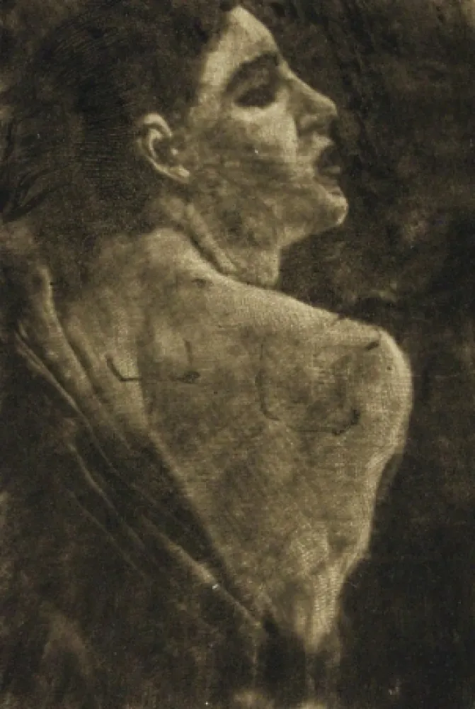 Гравюра Klinger - Weibliche Halbfigur Schabkunstversuch.