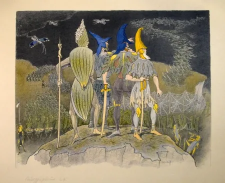 Литография Kreidolf - “Krieg“ Germer-, Rittersporn, blauer und gelber Eisenhut-Ritter stehen als Feldherren auf einem Hügel über einem vorüberziehenden Heuschrecken-Heer.