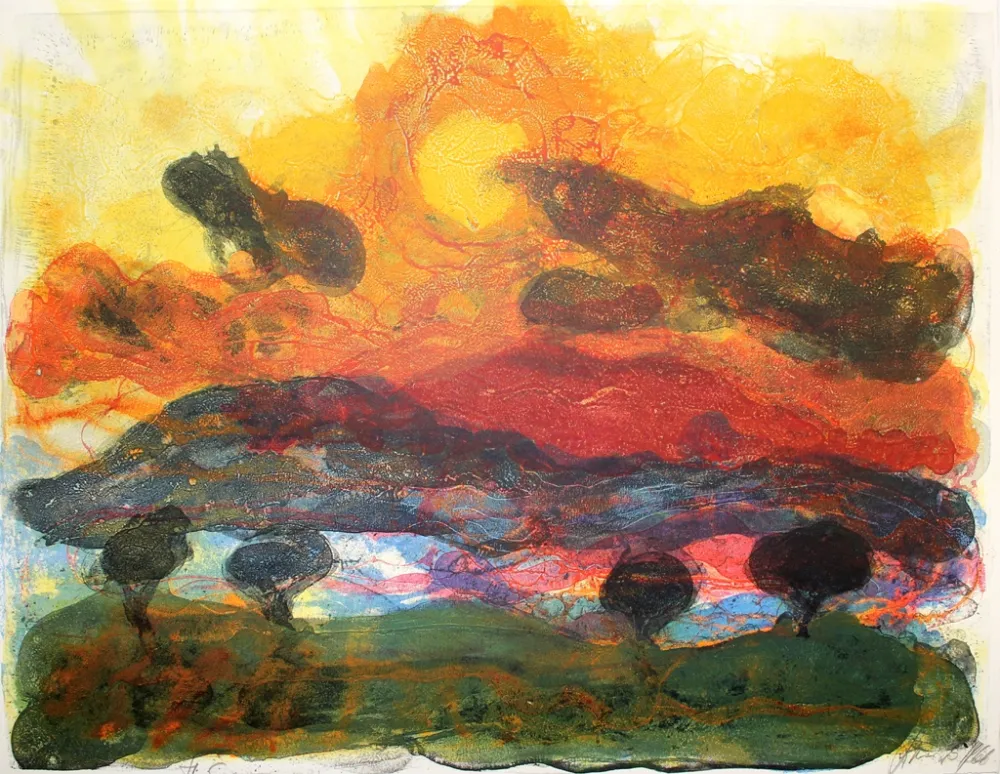 Литография Kruck - Landschaft mit Pinen