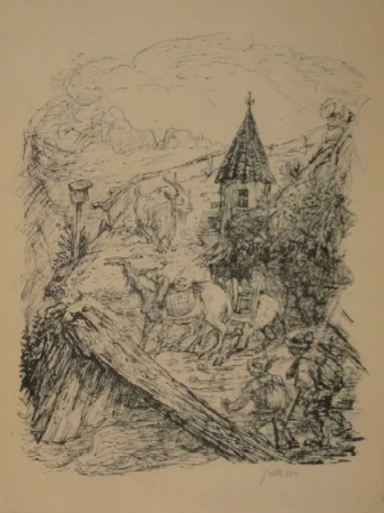 Литография Kubin - Transport im Gebirge