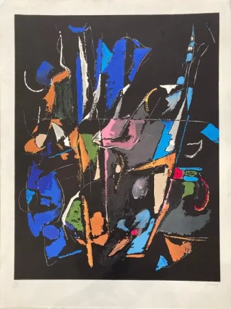 Литография Lanskoy - Composition abstraite sur fond noir 