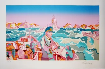 Литография Lapicque - Manoeuvre en rade de Brest