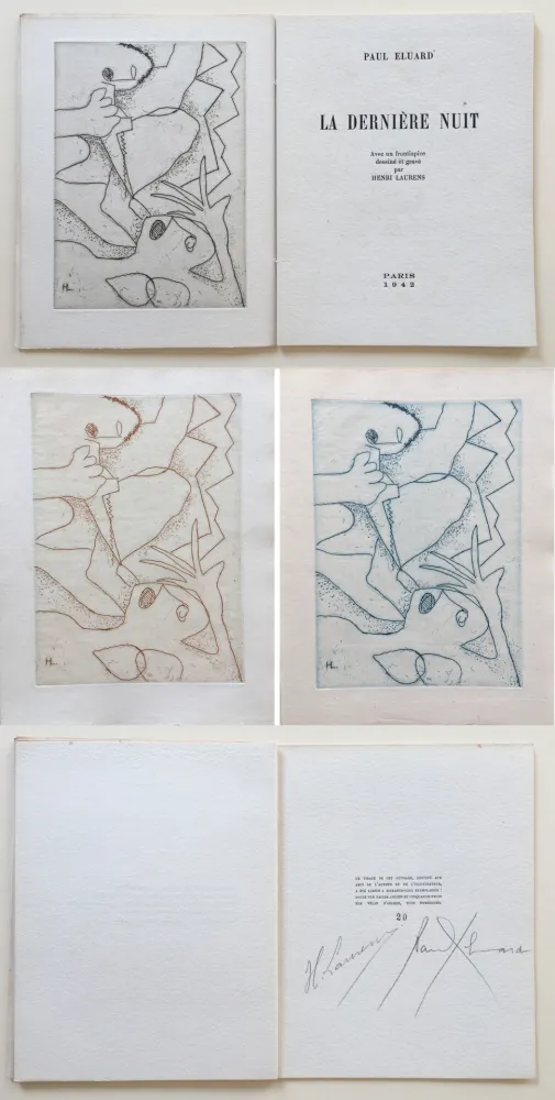 Иллюстрированная Книга Laurens - Paul Éluard : La Dernière Nuit. Avec un frontispice gravé par Henri Laurens (1942).