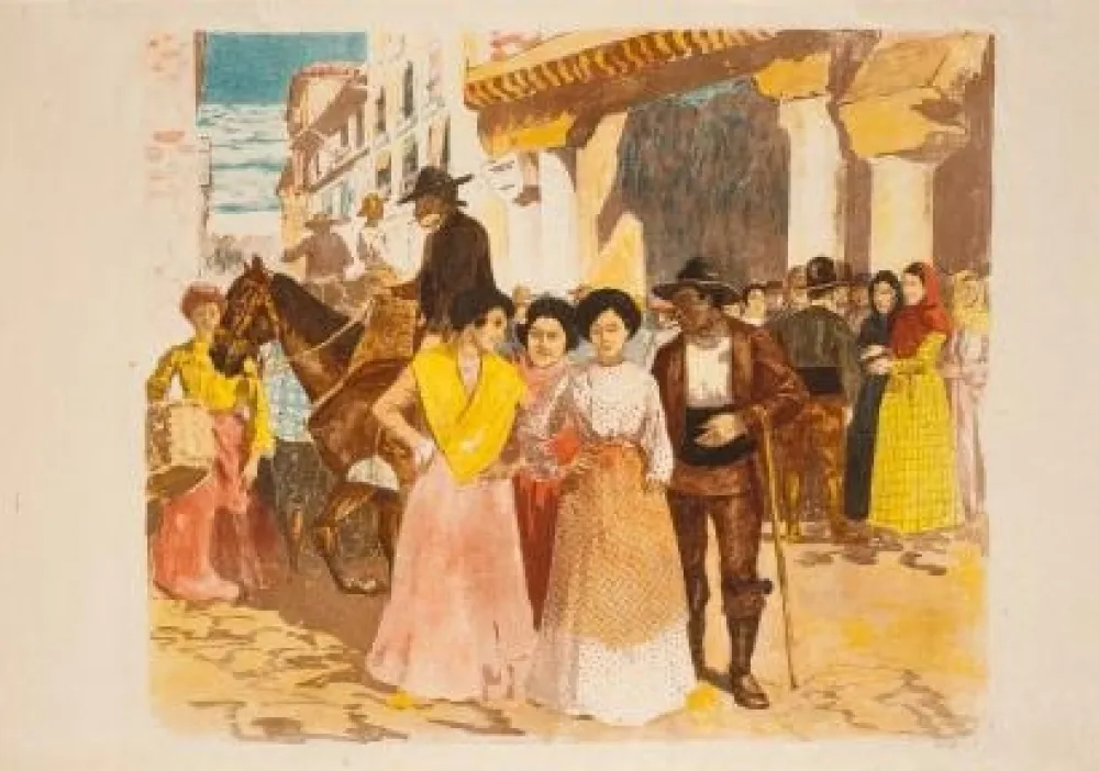 Литография Lunois - Une rue à Burgos