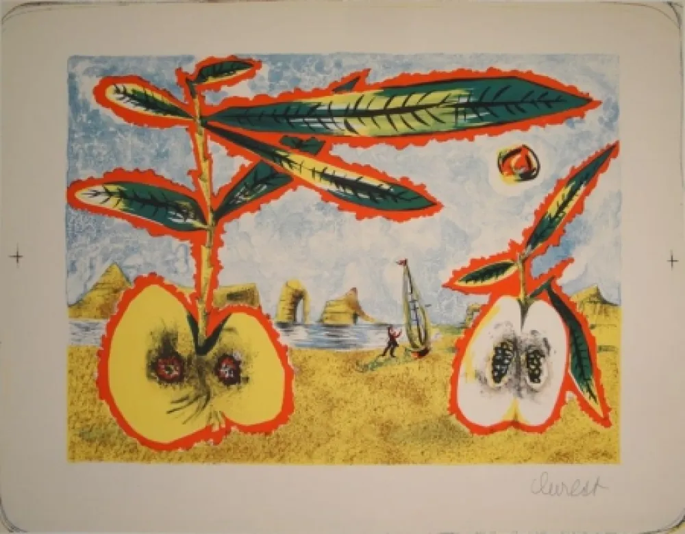Литография Lurcat - Surreale Landschaft mit zwei halben Äpfeln, Zweig und Blättern