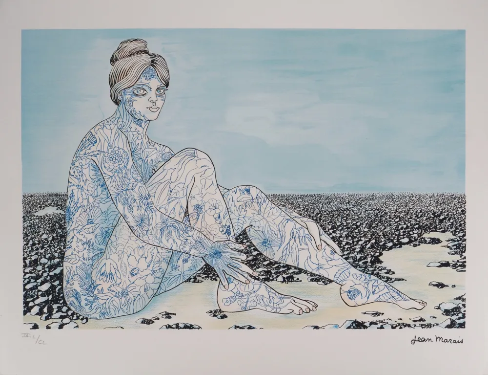 Литография Marais  - Fusion avec la nature, Femme aux tatouages de fleurs