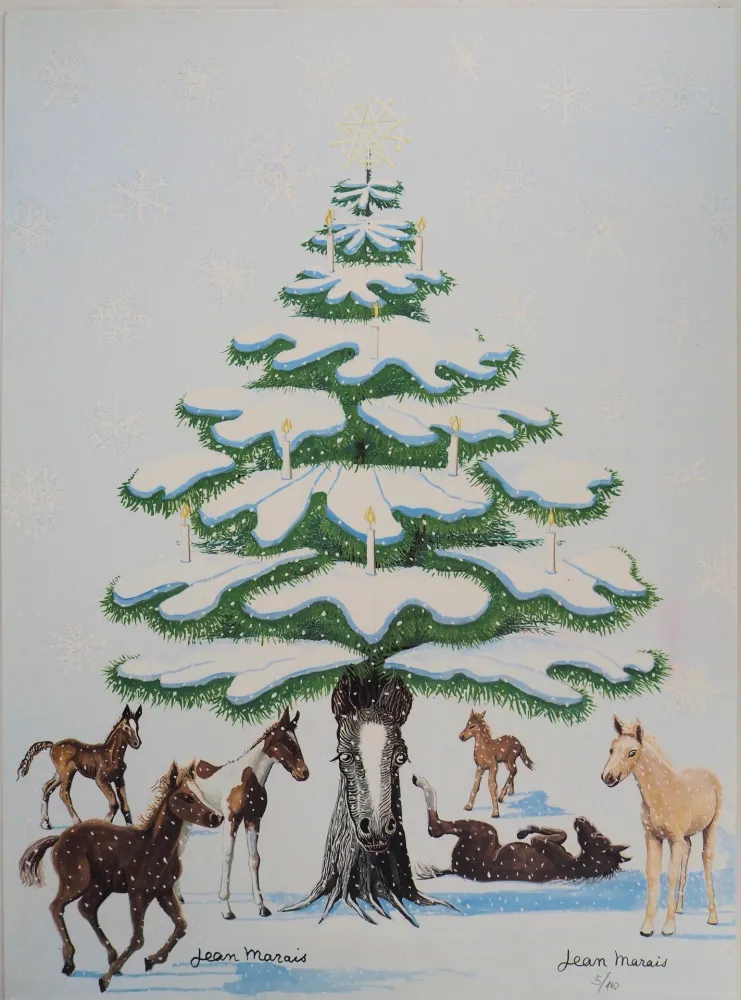 Литография Marais  - Sapin de Noel enneigé et Chevaux