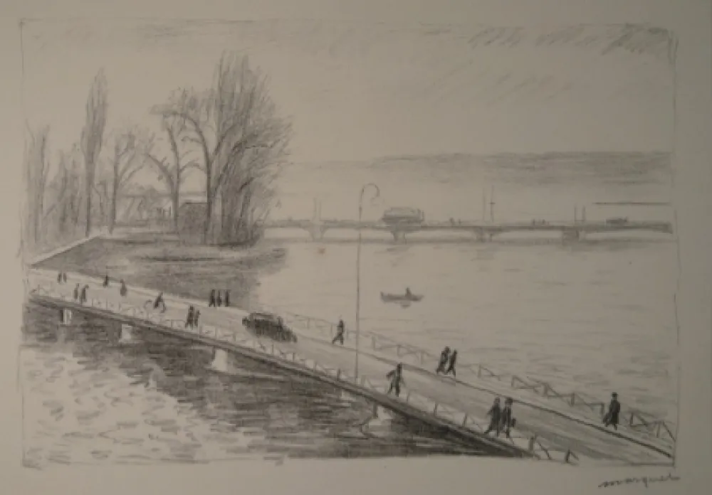 Офорт Marquet - Vue de deux Ponts (L'île Rousseau, Genève).