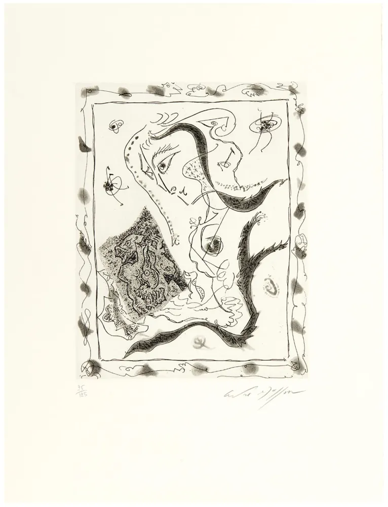 Офорт И Аквитанта Masson - Jeune fille regardant un dessin surréaliste (1967)