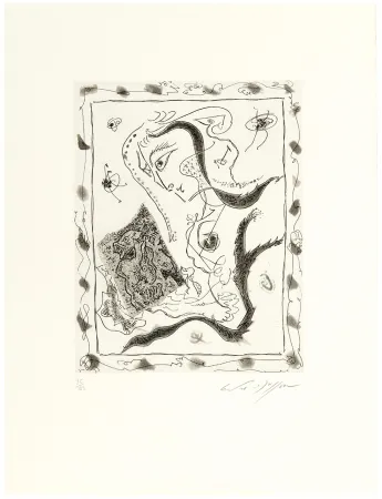 Офорт И Аквитанта Masson - Jeune fille regardant un dessin surréaliste (1967)