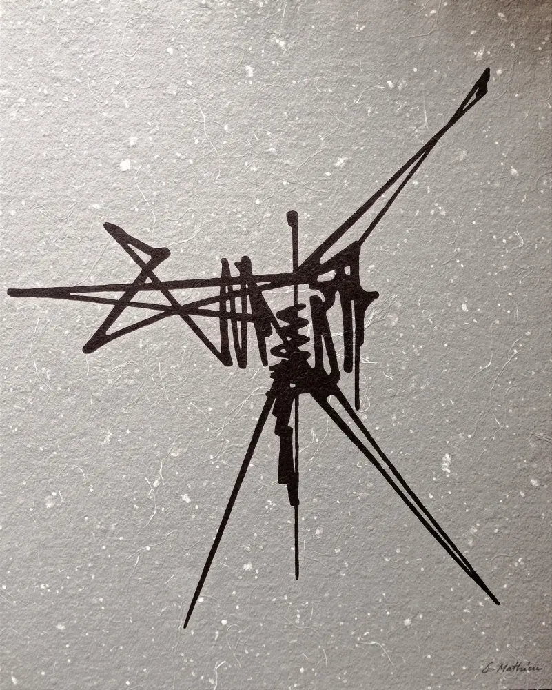 Нет Никаких Технических Mathieu - Abstract Composition, Beautiful Hand signed lithograph, black abstraction on grey background , Hand signed!