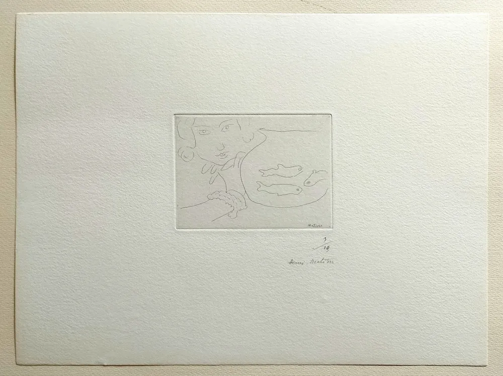 Офорт Matisse - Visage de jeune femme et bocal aux trois poissons