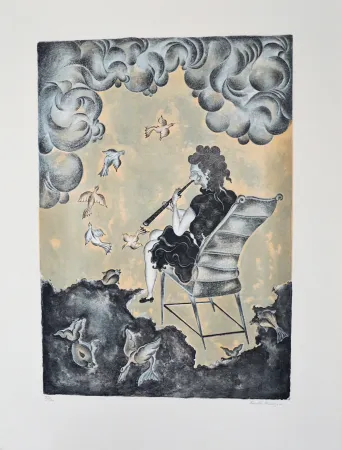 Литография Mendoza - La mujer de la magia musical (en azul)