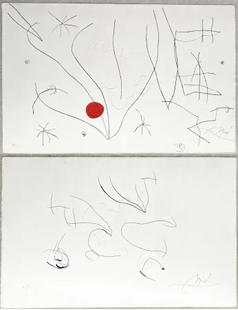 Офорт И Аквитанта Miró - L'ISSUE DÉROBÉE. Pointe sèche, aquatinte et gaufrage, signée à double face (1974)
