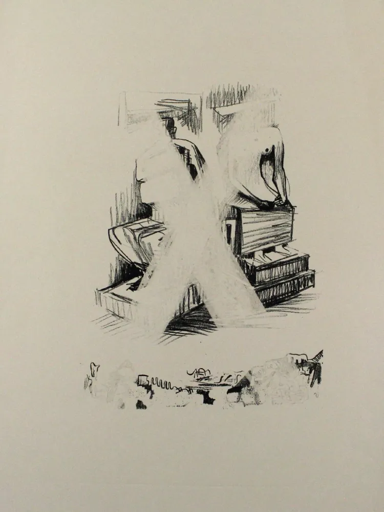 Литография Moore - Two Seated Figures in Stone