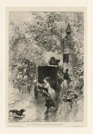 Гравюра Morin - Une averse sur le Boulevard des Italiens