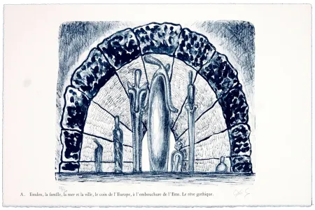 Литография Nørgaard - A. Emden, la famille, la mer et la ville, le coin de l'Europe, l'embouchure de l'Ems. Le rêve gothique