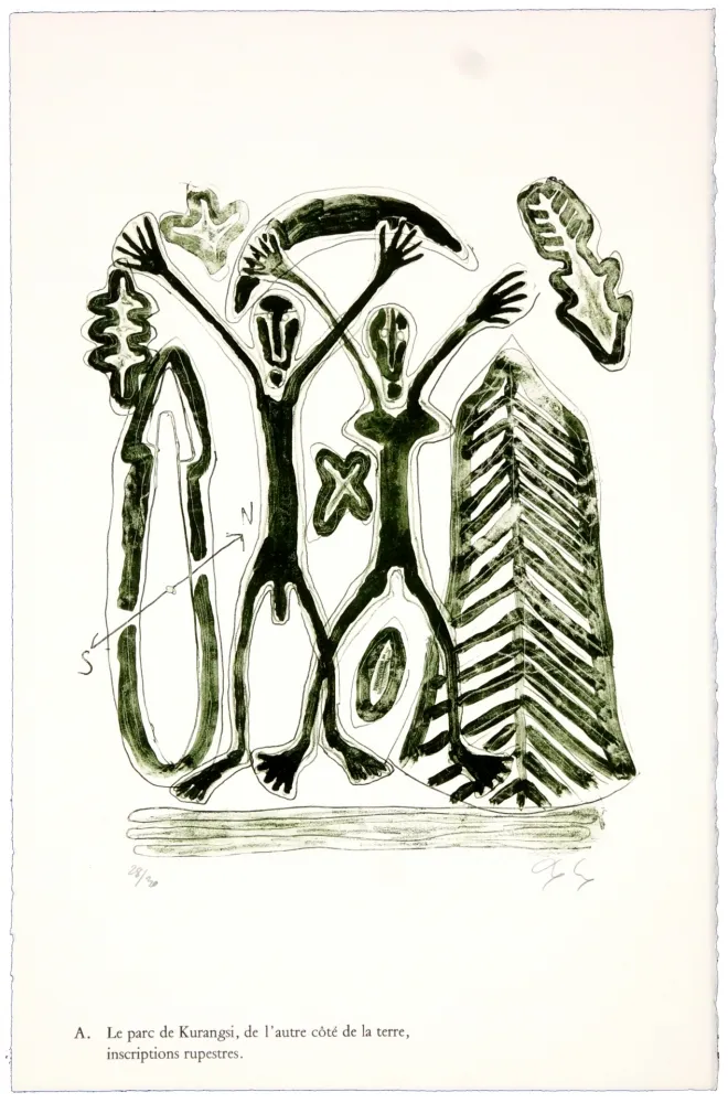 Литография Nørgaard - A. Le parc de Kurangsi, de l'autre côté de la terre, inscriptions rupestres