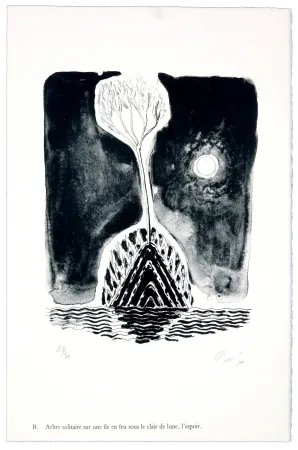 Литография Nørgaard - B. Abre solitaire sur une ile sous le clair de lune, l'espoir