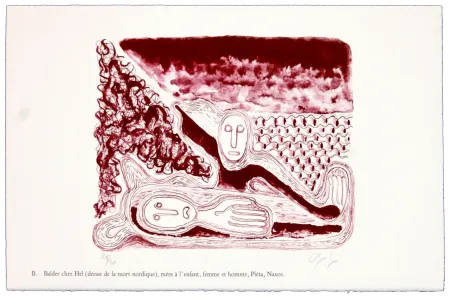 Литография Nørgaard - B. Balder chez Hel (déesse de la mort nordique), mère de l'enfant, femme et homme, Piéta, Naxos