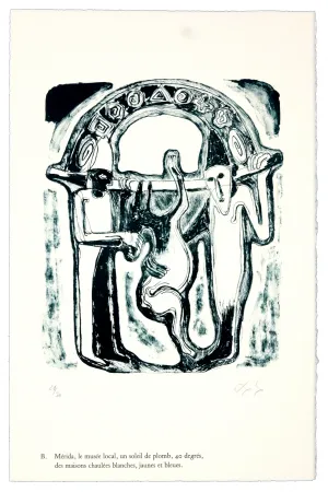 Литография Nørgaard - B. Mérida, le musée local, un soleil de plomb, 40 degrés, des maisons chaulées blanches, jaunes et bleues