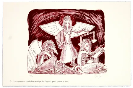 Литография Nørgaard - E. Les trois normes (équivalent nordique des Parques), le passé, le présent et futur