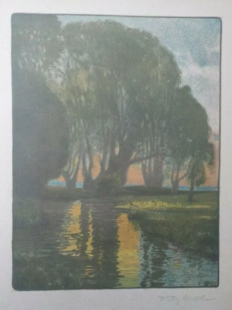 Литография Oertel - Abend am Bach