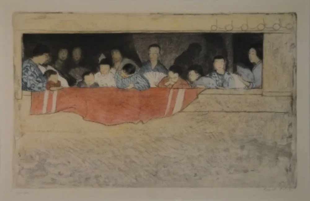 Офорт Orlik - Japanische Kinder als Zuschauer bei einem Umzug