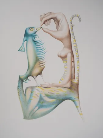 Литография Pérahim - L'Alphabet Hébreu : Homme et oiseau