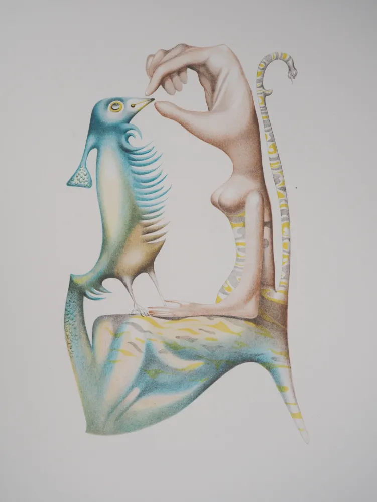 Литография Pérahim - L'Alphabet Hébreu : Homme et oiseau