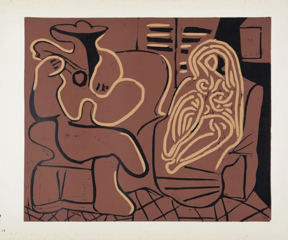 Линогравюра Picasso (After) - Femme dans un fauteuil et guitariste, 1962