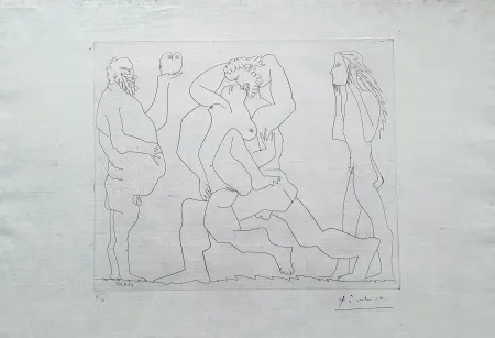 Гравюра Picasso - Bacchanale au hibou et au jeune homme masqué