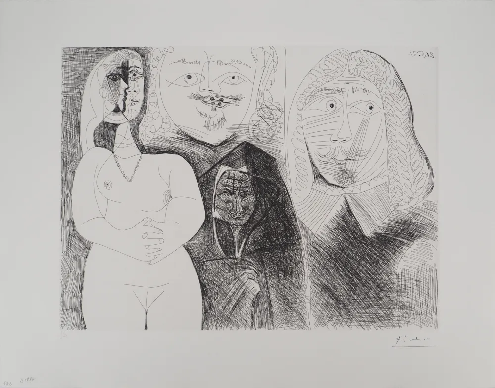 Гравюра Picasso - Célestine et fille, avec deux hommes en costume du XVIe siècle