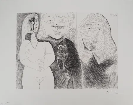 Гравюра Picasso - Célestine et fille, avec deux hommes en costume du XVIe siècle
