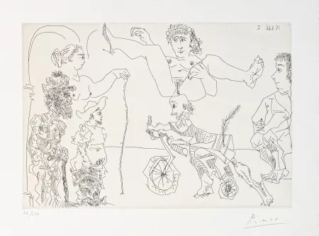 Гравюра Picasso - Da Le Cocu Maquifique: Femme equilib­riste enlevee par un vieillard barbu a bicyclette devant le cocu et des spectateurs
