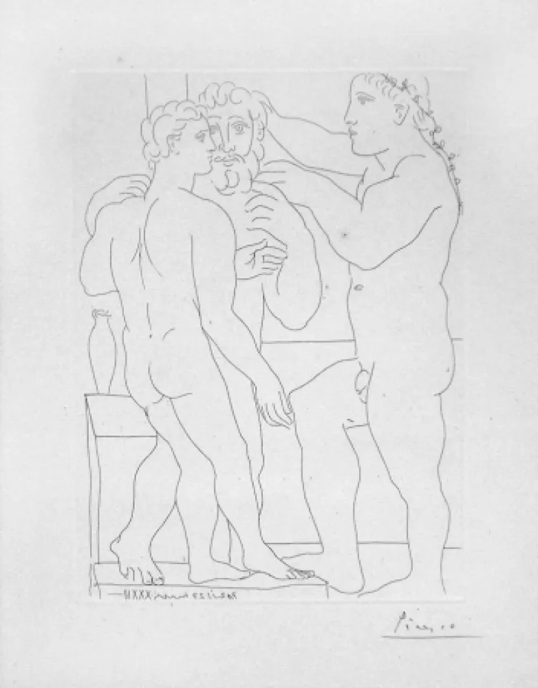 Гравюра Picasso - Deux hommes sculptes - Two male statues - Three Men Standing