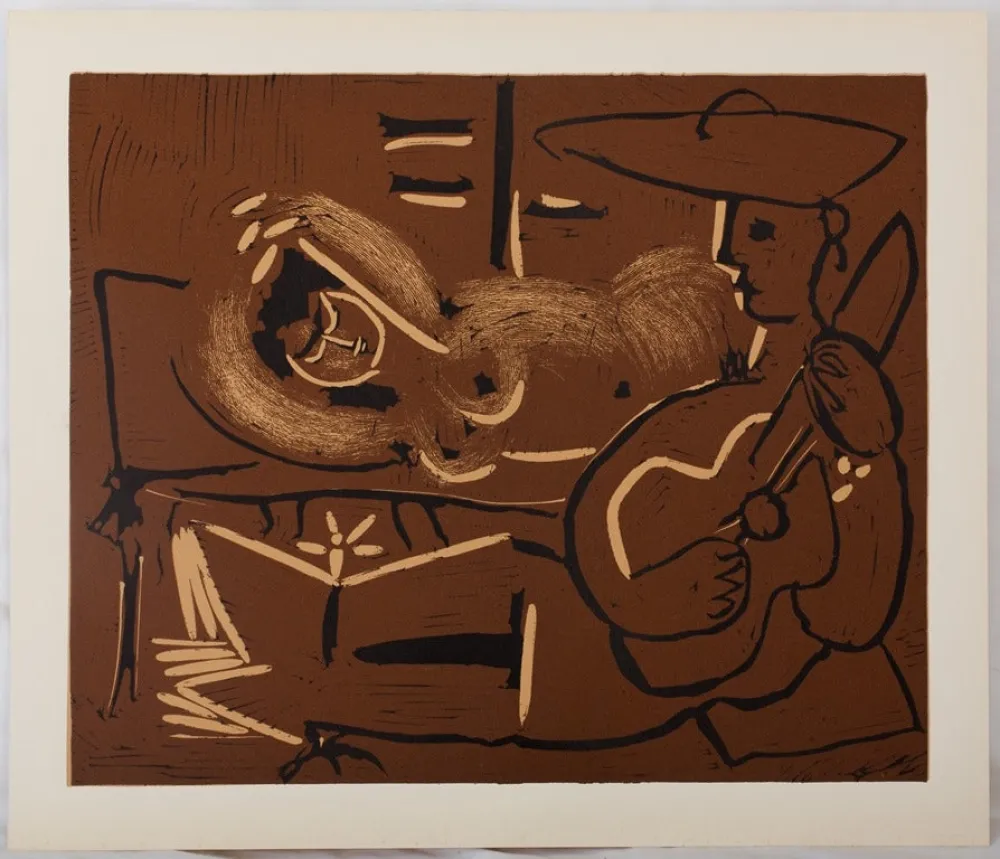 Линогравюра Picasso - Femme couchée et guitariste au chapeau