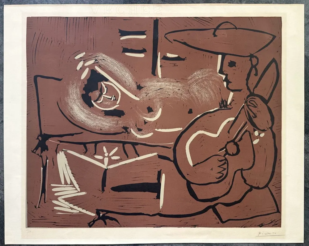 Линогравюра Picasso - FEMME COUCHÉE ET GUITARISTE. Linogravure originale signée (1959)