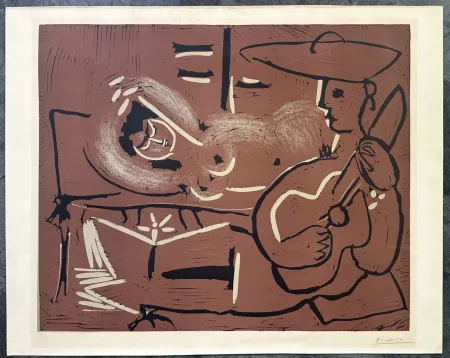 Линогравюра Picasso - FEMME COUCHÉE ET GUITARISTE. Linogravure originale signée (1959)