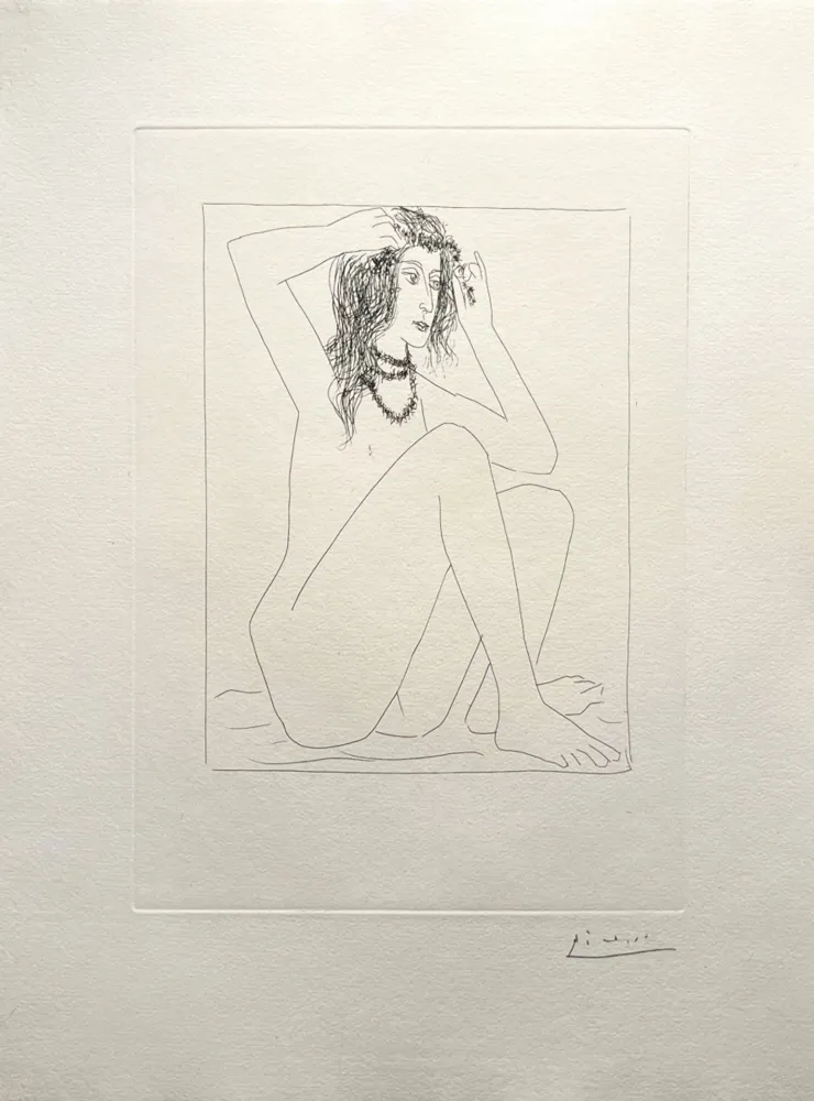 Гравюра Picasso - Femme nue se couronnant de fleurs