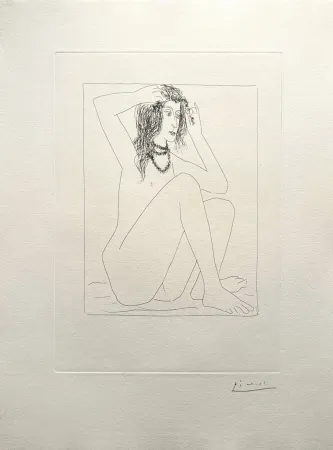 Гравюра Picasso - Femme nue se couronnant de fleurs