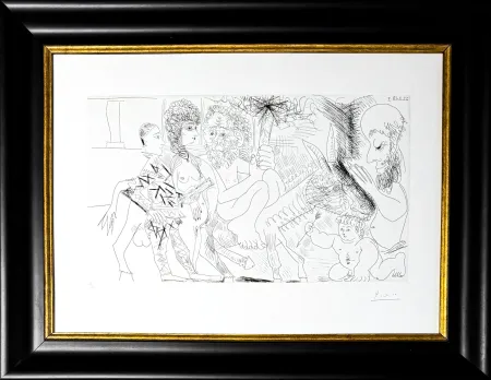 Офорт Picasso - Groupe avec vieillard à la torche sur un âne amoureux, femme et arlequin