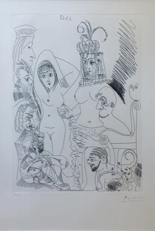 Офорт Picasso - Homme barbu songeant à une scène des Mille et une nuits, avec derrière lui des ancêtres réprobateurs