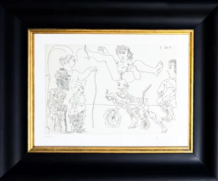Гравюра Picasso -  Le Cocu Magnifique: Femme equilib­riste enlevee par un vieillard barbu a bicyclette devant le cocu et des spectateurs