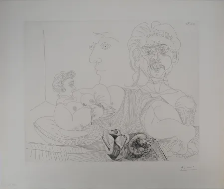 Гравюра Picasso - Les 156, planche 4 : Vieux modèle pour jeune odalisque, le double regard du peintr