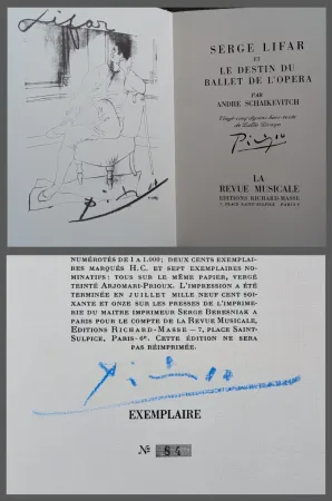 Иллюстрированная Книга Picasso - Pablo Picasso and Serge Lifar  - Le destin du ballet d'opera by Andre Schaikevitch -  Hand-Signed by Picasso, 1971
